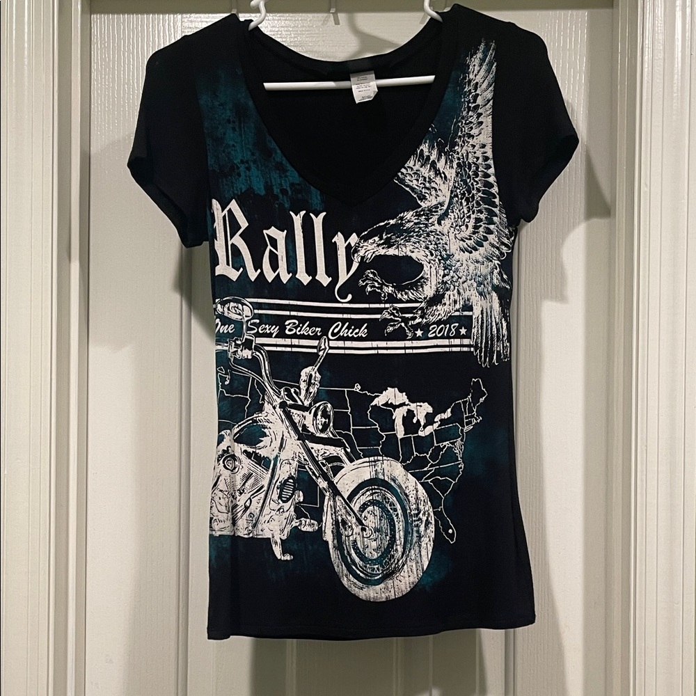 Black Graphic Tee with Eagle and Motorcycle Design
